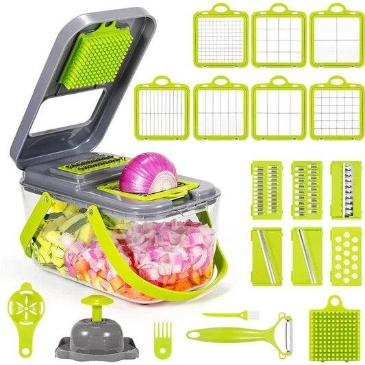 Multifunction vegetable chopper with slicing and grating blades for fast and clean food prep